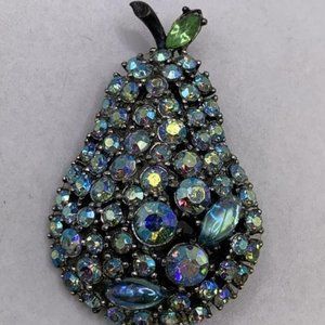 Signed ART gorgeous prong set aurora borealis blue rhinestone PEAR brooch.